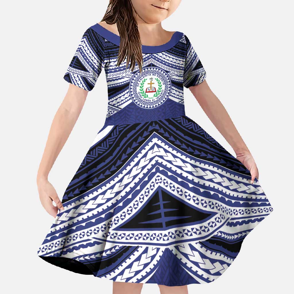 Personalised Tonga Sia'atoutai Theological College Family Matching Off Shoulder Maxi Dress and Hawaiian Shirt Polynesian Ngatu Tribal LT9 Daughter's Dress Blue - Polynesian Pride
