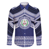 Personalised Tonga Sia'atoutai Theological College Family Matching Off Shoulder Maxi Dress and Hawaiian Shirt Polynesian Ngatu Tribal LT9 Dad's Shirt - Long Sleeve Blue - Polynesian Pride