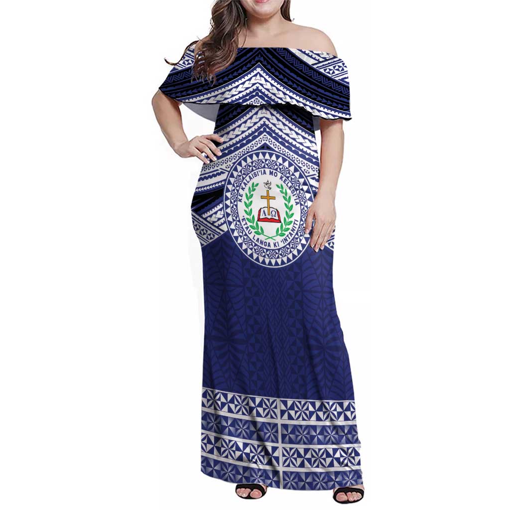 Personalised Tonga Sia'atoutai Theological College Family Matching Off Shoulder Maxi Dress and Hawaiian Shirt Polynesian Ngatu Tribal LT9 Mom's Dress Blue - Polynesian Pride