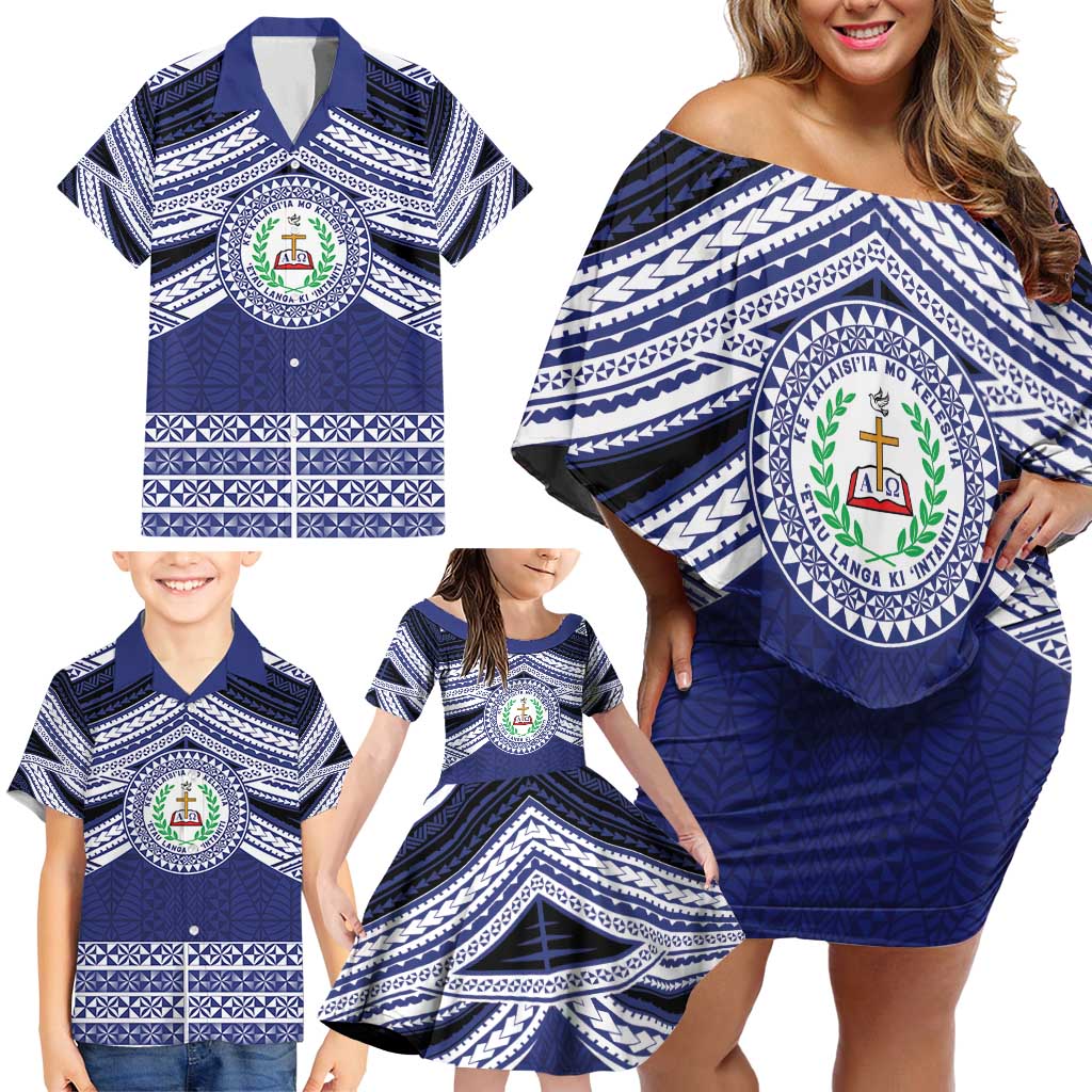 Personalised Tonga Sia'atoutai Theological College Family Matching Off Shoulder Short Dress and Hawaiian Shirt Polynesian Ngatu Tribal LT9 - Polynesian Pride