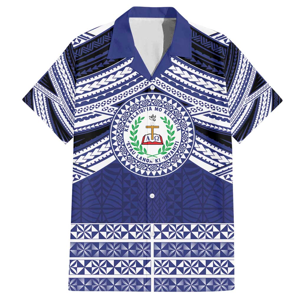 Personalised Tonga Sia'atoutai Theological College Family Matching Off Shoulder Short Dress and Hawaiian Shirt Polynesian Ngatu Tribal LT9 Dad's Shirt - Short Sleeve Blue - Polynesian Pride