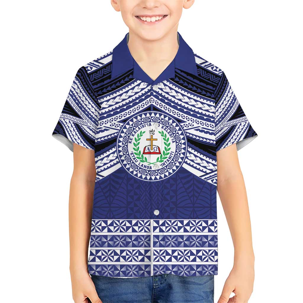 Personalised Tonga Sia'atoutai Theological College Family Matching Short Sleeve Bodycon Dress and Hawaiian Shirt Polynesian Ngatu Tribal LT9 Son's Shirt Blue - Polynesian Pride