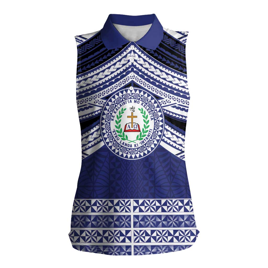 Personalised Tonga Sia'atoutai Theological College Women Sleeveless Polo Shirt Polynesian Ngatu Tribal