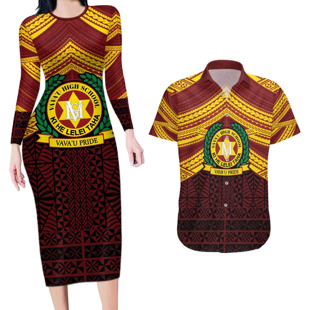 Personalised Tonga Vava'u High School Couples Matching Long Sleeve Bodycon Dress and Hawaiian Shirt Polynesian Ngatu Tribal LT9 Red - Polynesian Pride