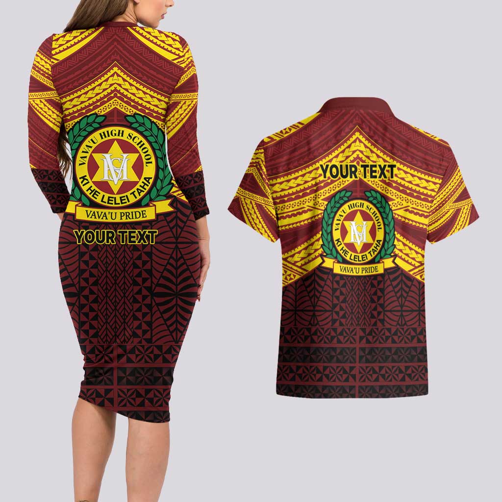 Personalised Tonga Vava'u High School Couples Matching Long Sleeve Bodycon Dress and Hawaiian Shirt Polynesian Ngatu Tribal LT9 - Polynesian Pride