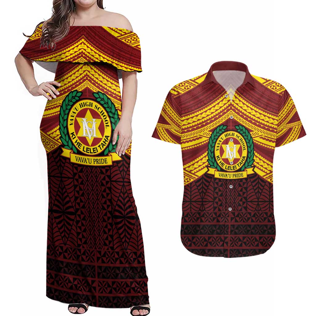 Personalised Tonga Vava'u High School Couples Matching Off Shoulder Maxi Dress and Hawaiian Shirt Polynesian Ngatu Tribal
