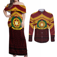 Personalised Tonga Vava'u High School Couples Matching Off Shoulder Maxi Dress and Long Sleeve Button Shirt Polynesian Ngatu Tribal