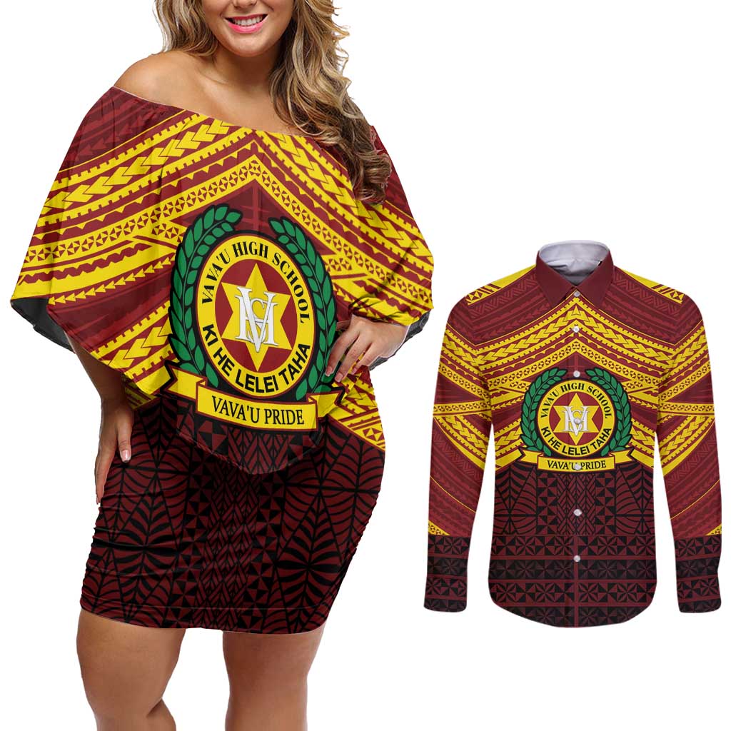 Personalised Tonga Vava'u High School Couples Matching Off Shoulder Short Dress and Long Sleeve Button Shirt Polynesian Ngatu Tribal