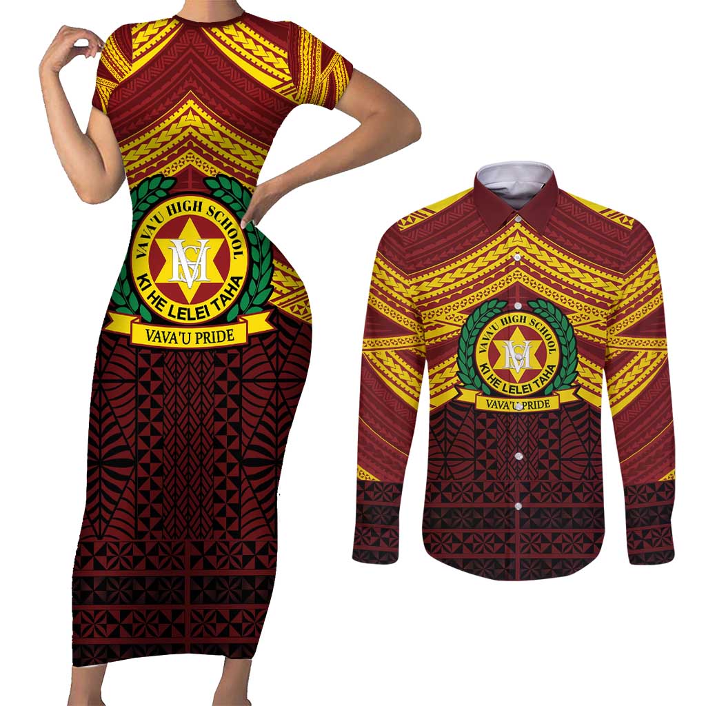 Personalised Tonga Vava'u High School Couples Matching Short Sleeve Bodycon Dress and Long Sleeve Button Shirt Polynesian Ngatu Tribal