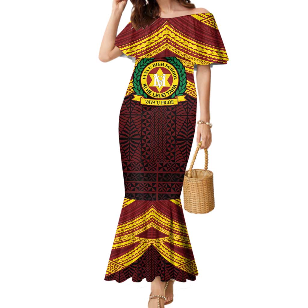 Personalised Tonga Vava'u High School Family Matching Mermaid Dress and Hawaiian Shirt Polynesian Ngatu Tribal LT9 Mom's Dress Red - Polynesian Pride
