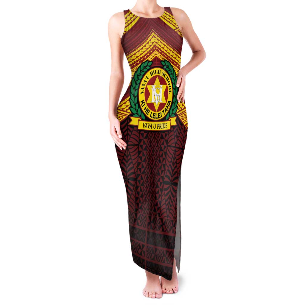Personalised Tonga Vava'u High School Family Matching Tank Maxi Dress and Hawaiian Shirt Polynesian Ngatu Tribal LT9 Mom's Dress Red - Polynesian Pride