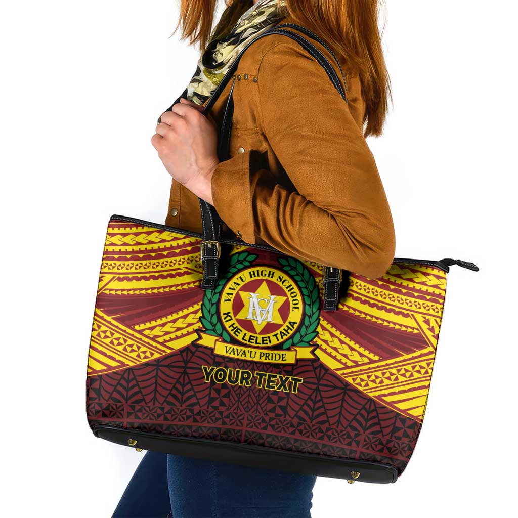 Personalised Tonga Vava'u High School Leather Tote Bag Polynesian Ngatu Tribal