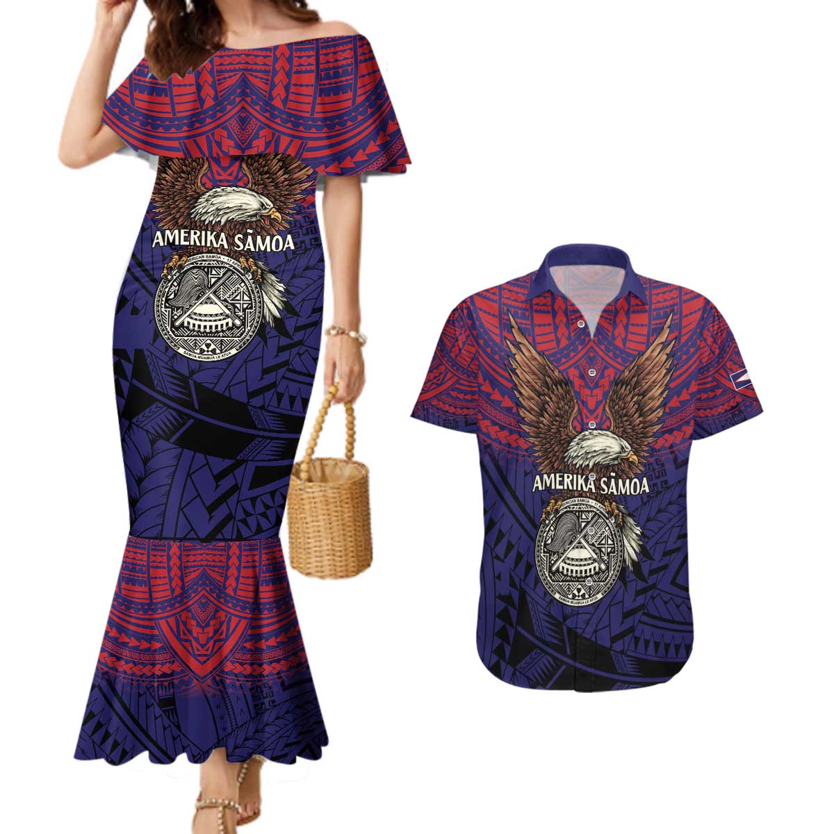 American Samoa Brave Eagle Personalized Couples Matching Mermaid Dress and Hawaiian Shirt National Flag Color