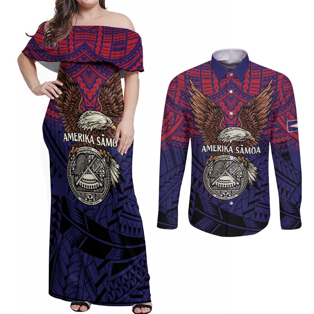 American Samoa Brave Eagle Personalized Couples Matching Off Shoulder Maxi Dress and Long Sleeve Button Shirt National Flag Color