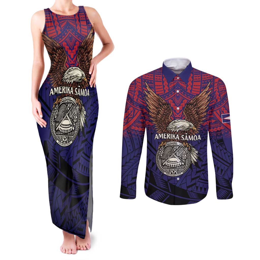 American Samoa Brave Eagle Personalized Couples Matching Tank Maxi Dress and Long Sleeve Button Shirt National Flag Color