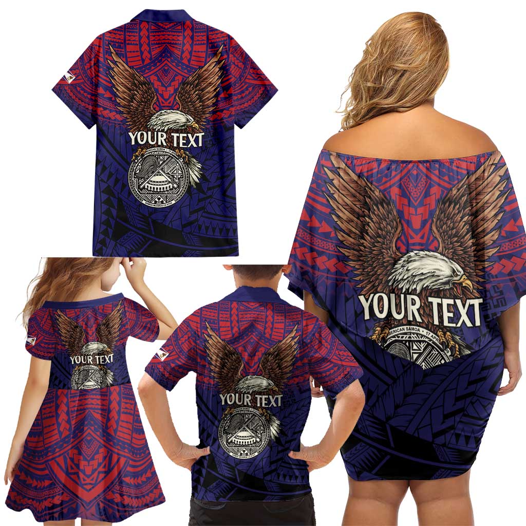 American Samoa Brave Eagle Personalized Family Matching Off Shoulder Short Dress and Hawaiian Shirt National Flag Color