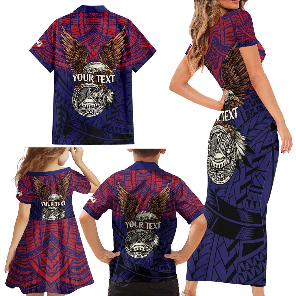 American Samoa Brave Eagle Personalized Family Matching Short Sleeve Bodycon Dress and Hawaiian Shirt National Flag Color