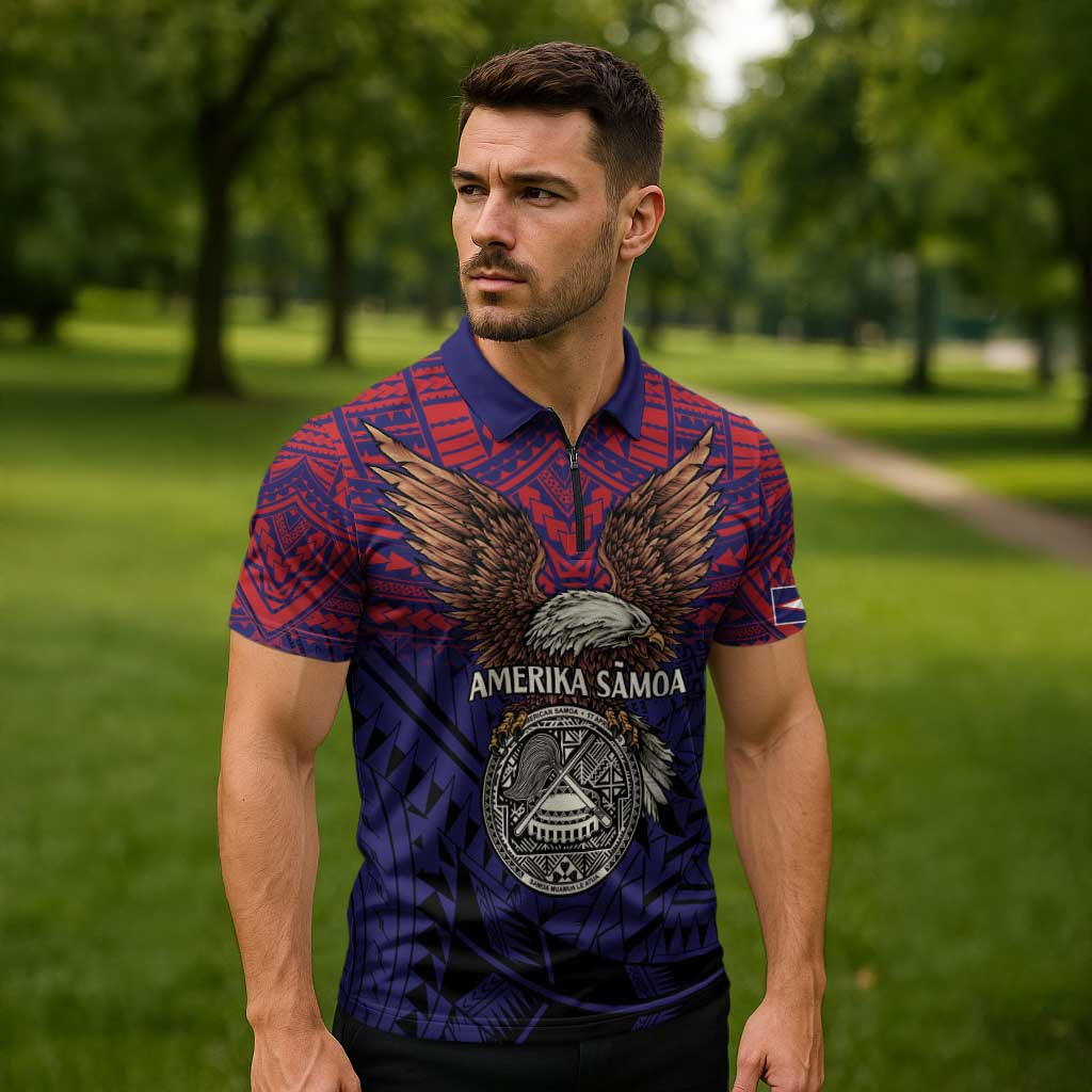 American Samoa Brave Eagle Personalized Zipper Polo Shirt National Flag Color - Polynesian Pride