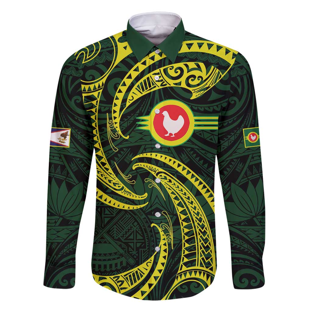 American Samoa Manua Cession Day Personalized Family Matching Off Shoulder Short Dress and Hawaiian Shirt Polynesian Wave Style LT9 Dad's Shirt - Long Sleeve Green - Polynesian Pride