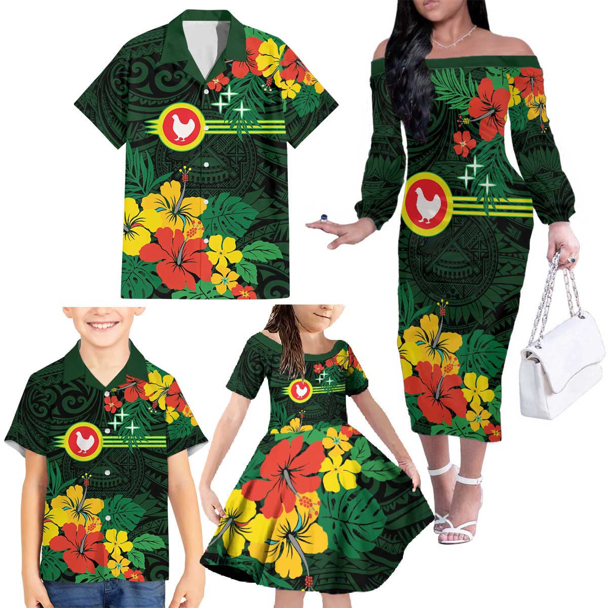 American Samoa Manu'atele Personalized Family Matching Off The Shoulder Long Sleeve Dress and Hawaiian Shirt Manua Island Hibiscus Flowers LT9 - Polynesian Pride