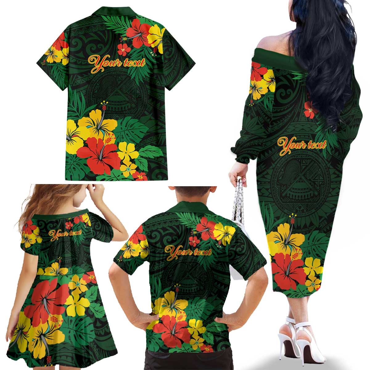 American Samoa Manu'atele Personalized Family Matching Off The Shoulder Long Sleeve Dress and Hawaiian Shirt Manua Island Hibiscus Flowers LT9 - Polynesian Pride