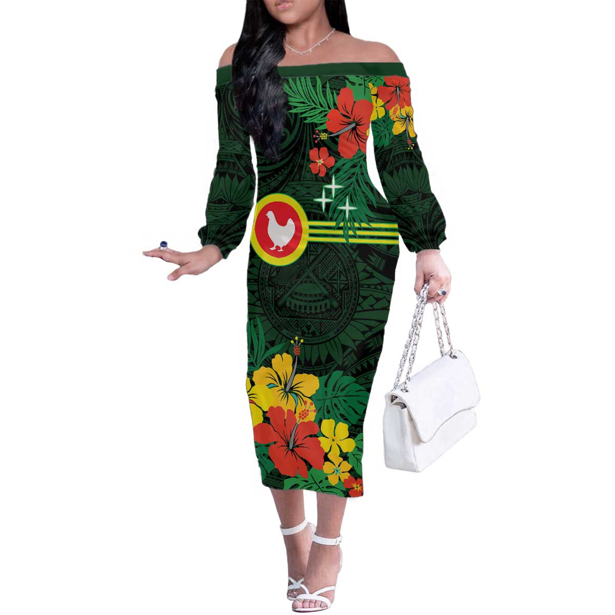American Samoa Manu'atele Personalized Family Matching Off The Shoulder Long Sleeve Dress and Hawaiian Shirt Manua Island Hibiscus Flowers LT9 Mom's Dress Green - Polynesian Pride