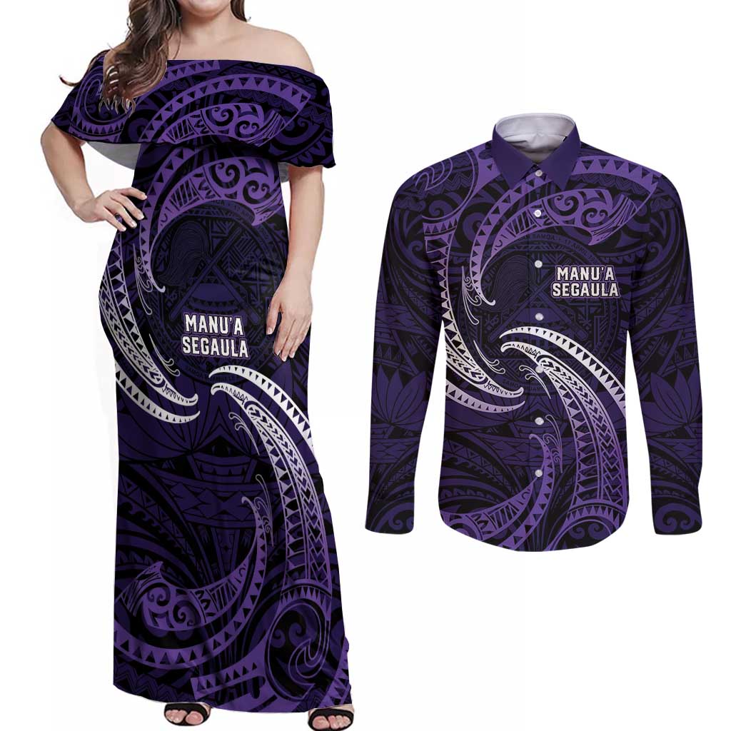 Manua Segaula American Samoa High School Personalized Couples Matching Off Shoulder Maxi Dress and Long Sleeve Button Shirt Polynesian Wave Style