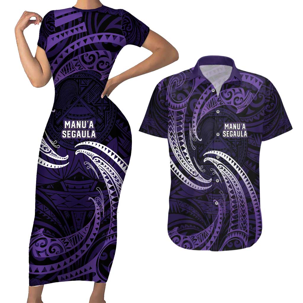 Manua Segaula American Samoa High School Personalized Couples Matching Short Sleeve Bodycon Dress and Hawaiian Shirt Polynesian Wave Style