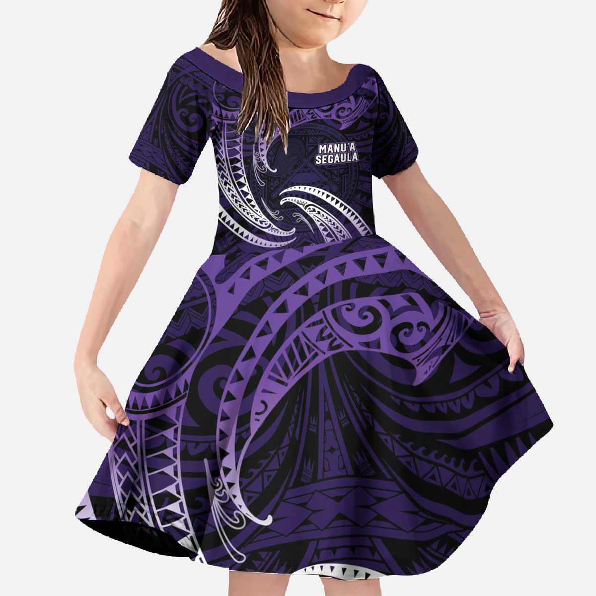 Manua Segaula American Samoa High School Personalized Family Matching Off The Shoulder Long Sleeve Dress and Hawaiian Shirt Polynesian Wave Style LT9 Daughter's Dress Purple - Polynesian Pride