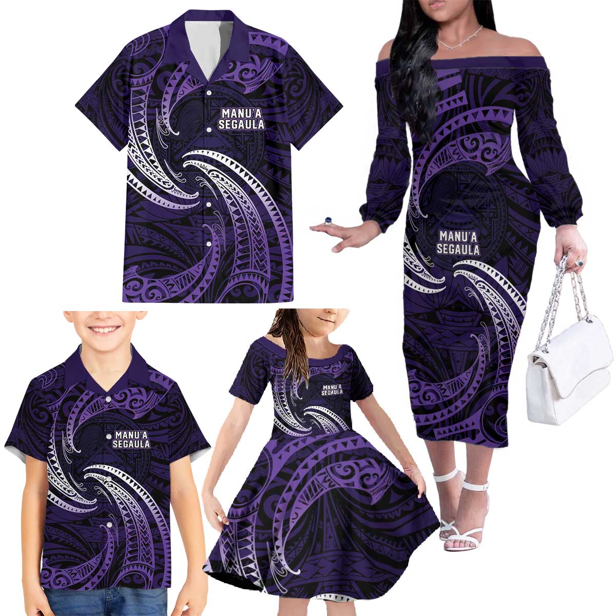 Manua Segaula American Samoa High School Personalized Family Matching Off The Shoulder Long Sleeve Dress and Hawaiian Shirt Polynesian Wave Style