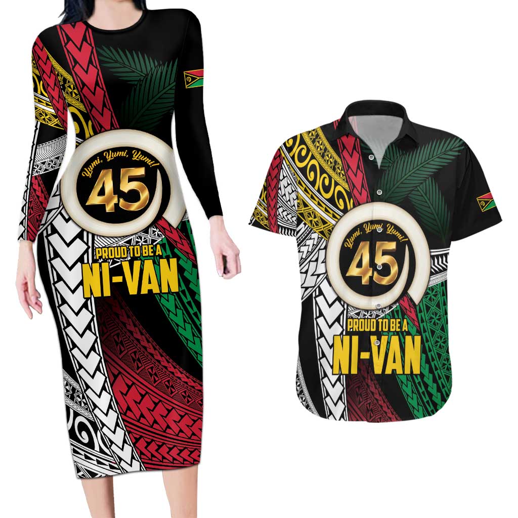 Ni-Van Vanuatu 45th Yumi Yumi Yumi Couples Matching Long Sleeve Bodycon Dress and Hawaiian Shirt Vanuatuan Boar Tusk Polynesian Pattern LT9 Black - Polynesian Pride