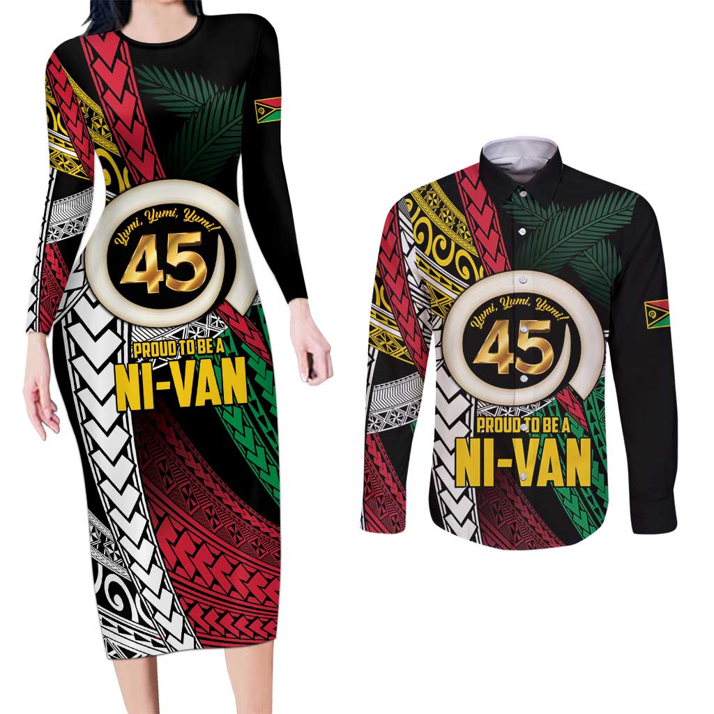 Ni-Van Vanuatu 45th Yumi Yumi Yumi Couples Matching Long Sleeve Bodycon Dress and Long Sleeve Button Shirt Vanuatuan Boar Tusk Polynesian Pattern LT9 Black - Polynesian Pride