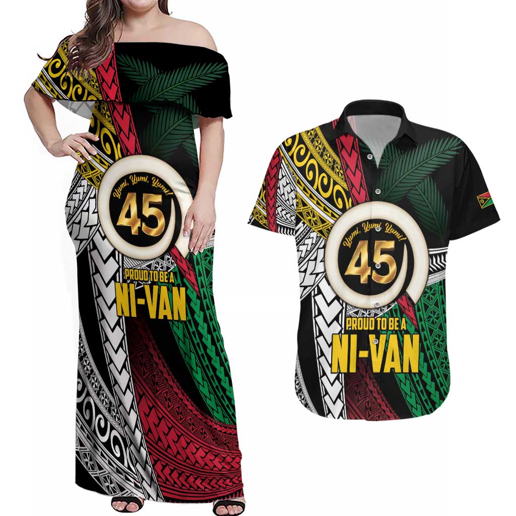 Ni-Van Vanuatu 45th Yumi Yumi Yumi Couples Matching Off Shoulder Maxi Dress and Hawaiian Shirt Vanuatuan Boar Tusk Polynesian Pattern LT9 Black - Polynesian Pride