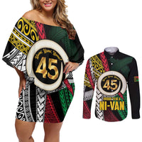 Ni-Van Vanuatu 45th Yumi Yumi Yumi Couples Matching Off Shoulder Short Dress and Long Sleeve Button Shirt Vanuatuan Boar Tusk Polynesian Pattern LT9 Black - Polynesian Pride