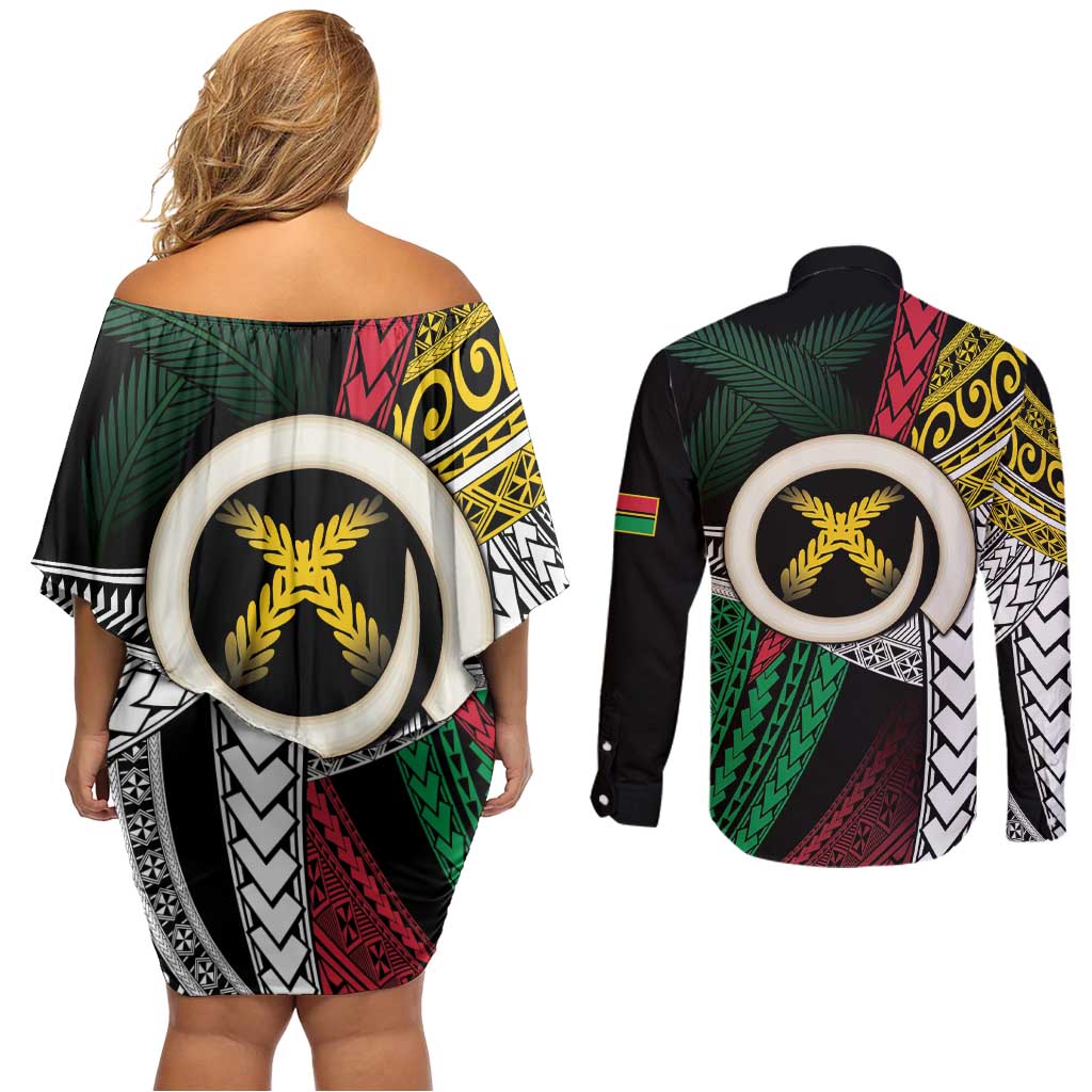 Ni-Van Vanuatu 45th Yumi Yumi Yumi Couples Matching Off Shoulder Short Dress and Long Sleeve Button Shirt Vanuatuan Boar Tusk Polynesian Pattern LT9 - Polynesian Pride