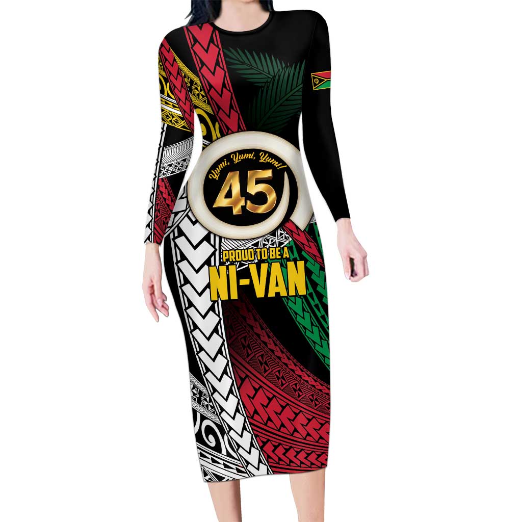 Ni-Van Vanuatu 45th Yumi Yumi Yumi Family Matching Long Sleeve Bodycon Dress and Hawaiian Shirt Vanuatuan Boar Tusk Polynesian Pattern LT9 Mom's Dress Black - Polynesian Pride