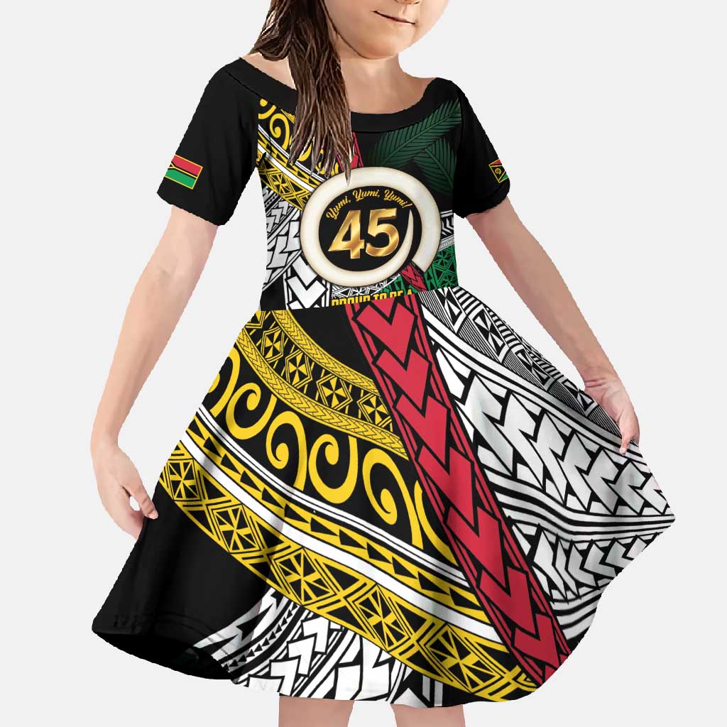 Ni-Van Vanuatu 45th Yumi Yumi Yumi Family Matching Off Shoulder Maxi Dress and Hawaiian Shirt Vanuatuan Boar Tusk Polynesian Pattern LT9 Daughter's Dress Black - Polynesian Pride