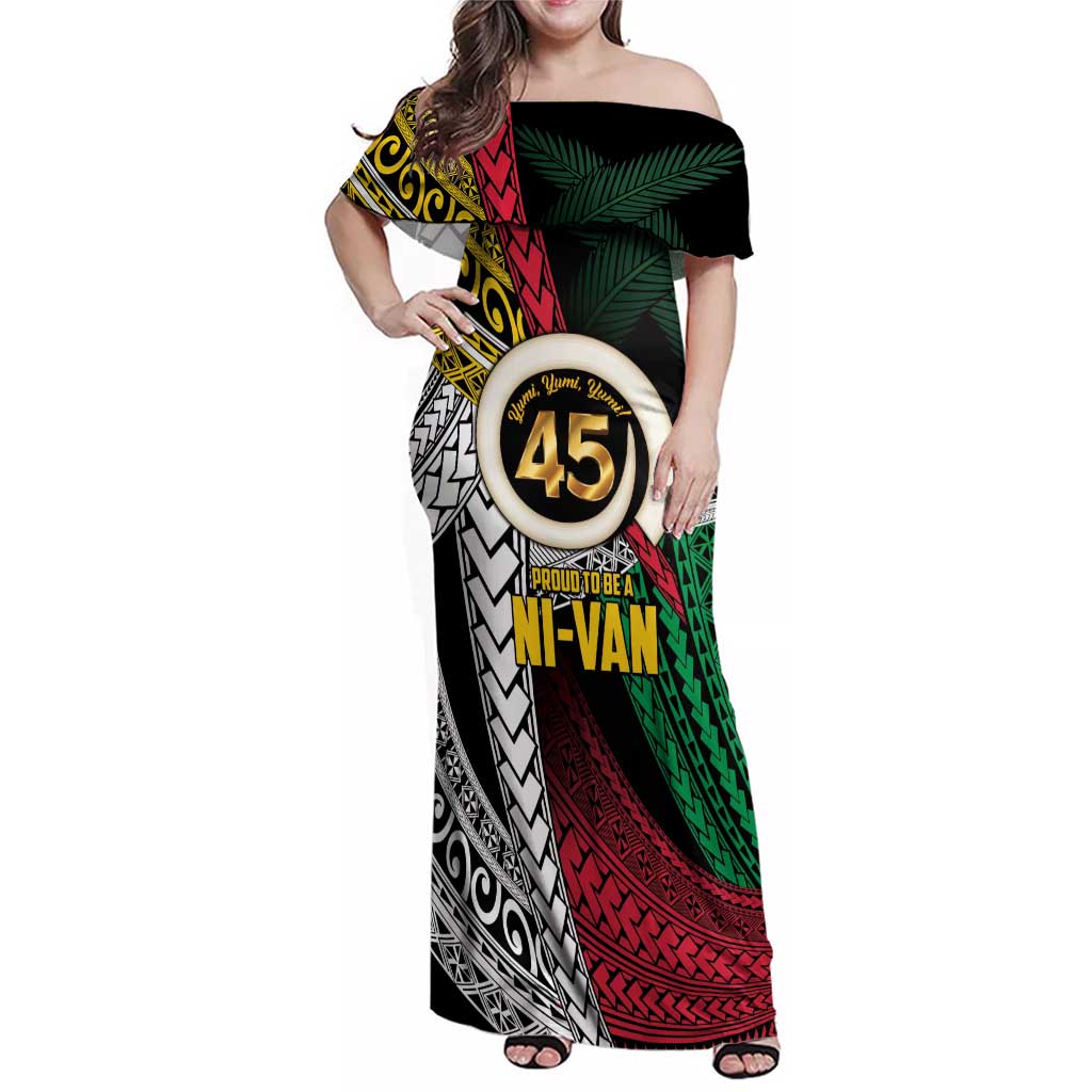 Ni-Van Vanuatu 45th Yumi Yumi Yumi Family Matching Off Shoulder Maxi Dress and Hawaiian Shirt Vanuatuan Boar Tusk Polynesian Pattern LT9 Mom's Dress Black - Polynesian Pride