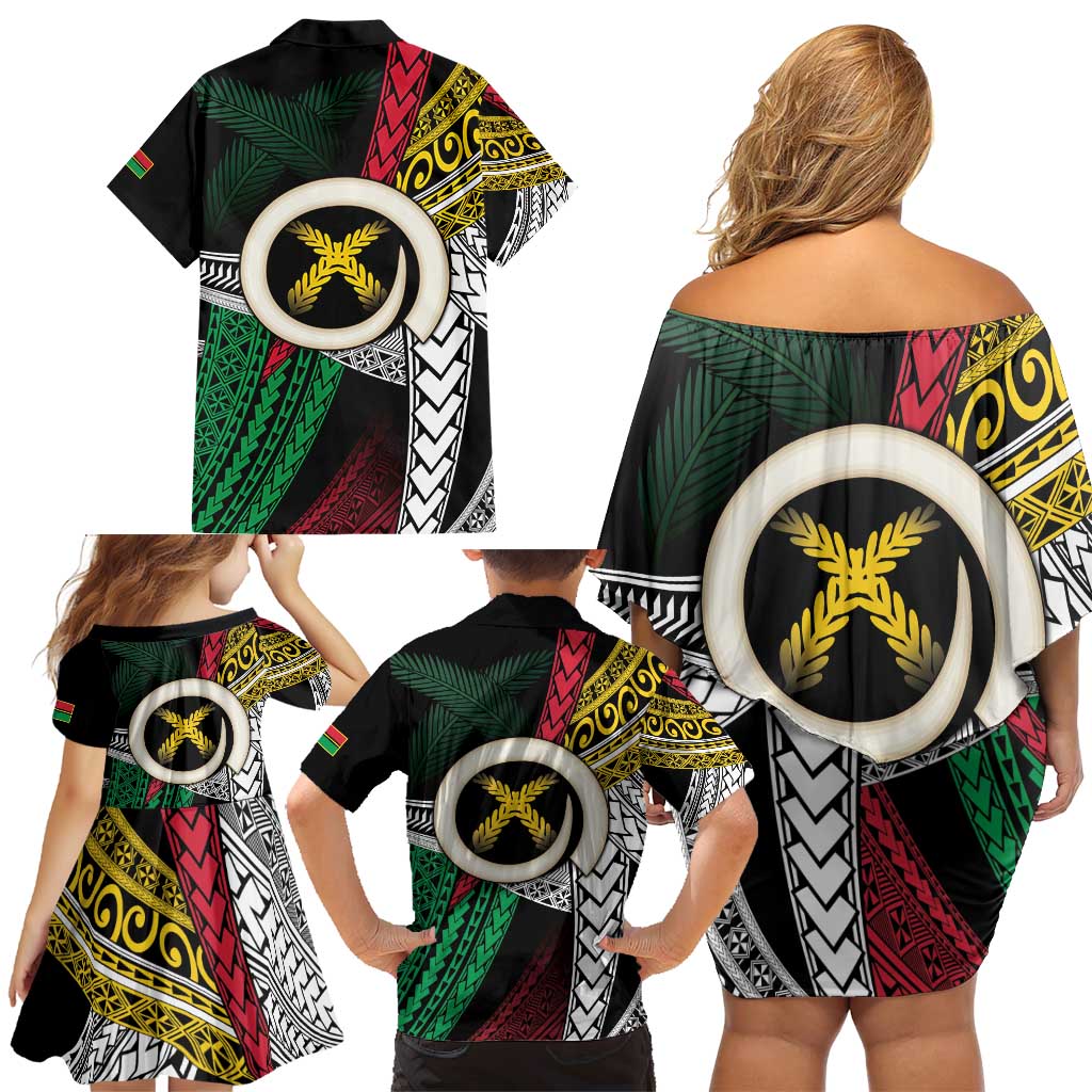 Ni-Van Vanuatu 45th Yumi Yumi Yumi Family Matching Off Shoulder Short Dress and Hawaiian Shirt Vanuatuan Boar Tusk Polynesian Pattern LT9 - Polynesian Pride