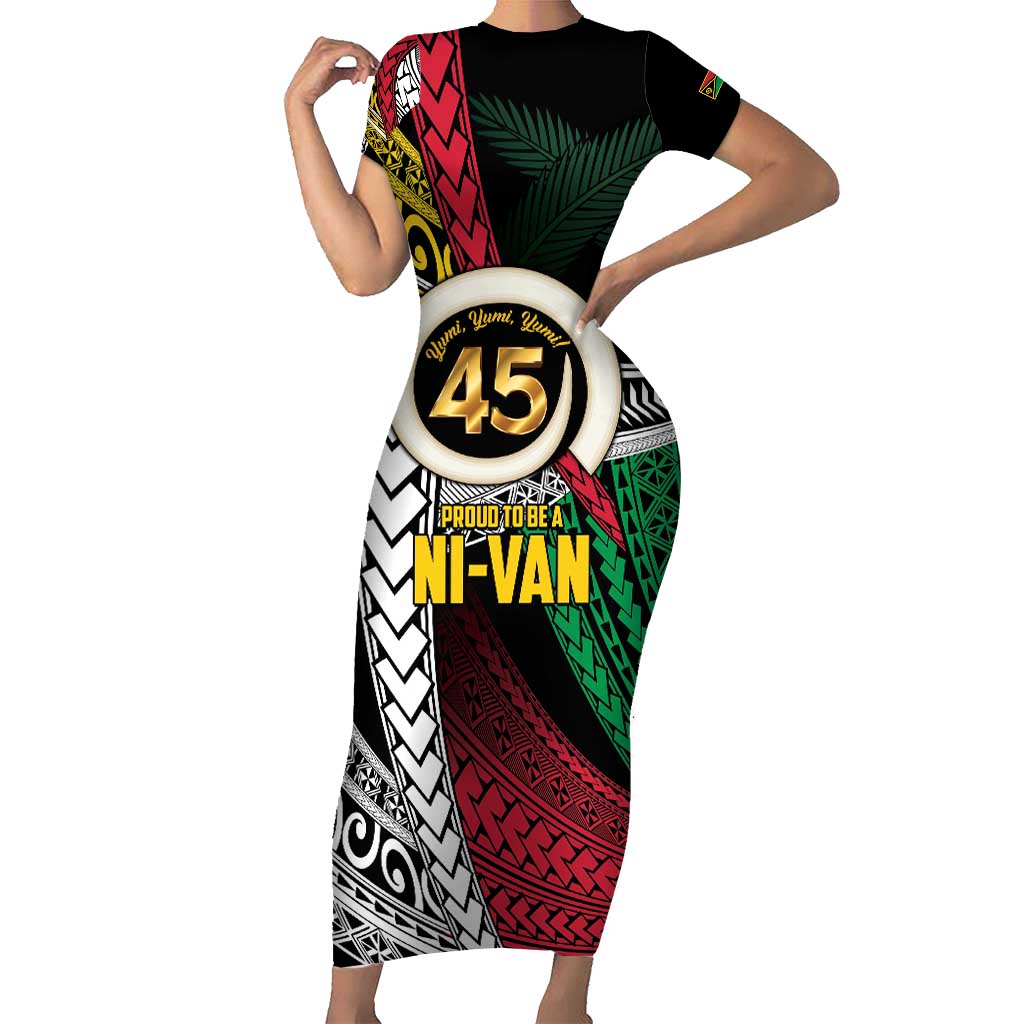 Ni-Van Vanuatu 45th Yumi Yumi Yumi Family Matching Short Sleeve Bodycon Dress and Hawaiian Shirt Vanuatuan Boar Tusk Polynesian Pattern LT9 Mom's Dress Black - Polynesian Pride