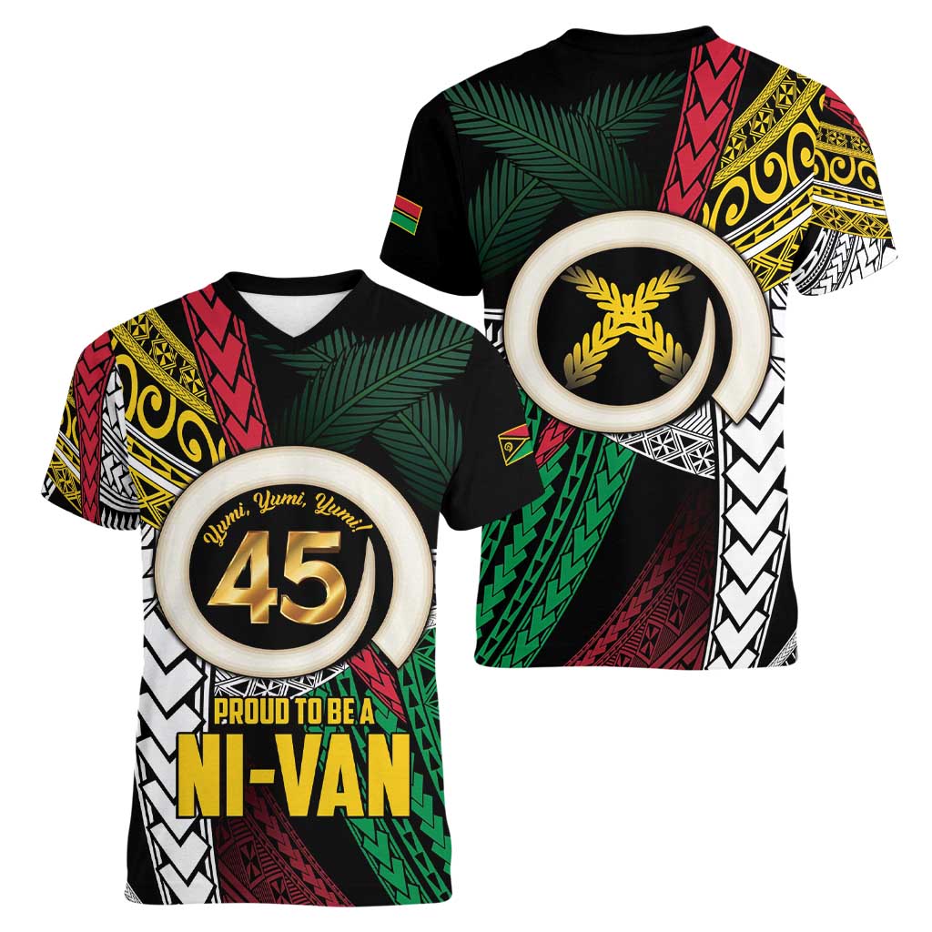 Ni-Van Vanuatu 45th Yumi Yumi Yumi Women V-Neck T-Shirt Vanuatuan Boar Tusk Polynesian Pattern LT9 - Polynesian Pride