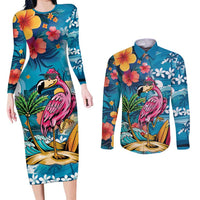 Hawaiian Flamingo Hibiscus Personalised Couples Matching Long Sleeve Bodycon Dress and Long Sleeve Button Shirt Blue Summer Tropical Flowers LT9 Blue - Polynesian Pride