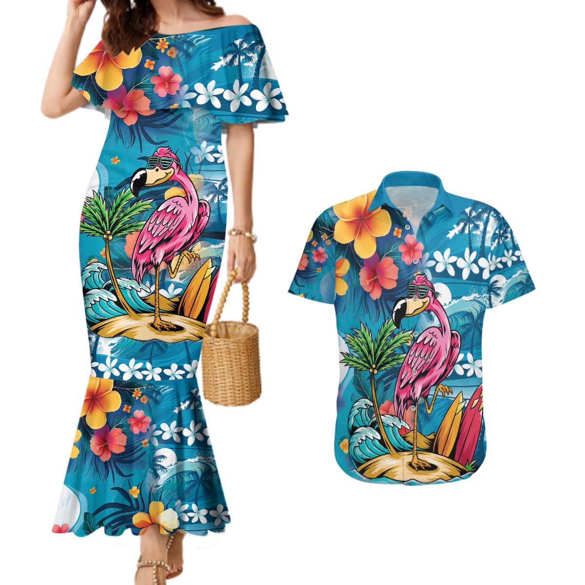 Hawaiian Flamingo Hibiscus Personalised Couples Matching Mermaid Dress and Hawaiian Shirt Blue Summer Tropical Flowers LT9 Blue - Polynesian Pride