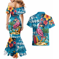 Hawaiian Flamingo Hibiscus Personalised Couples Matching Mermaid Dress and Hawaiian Shirt Blue Summer Tropical Flowers LT9 - Polynesian Pride