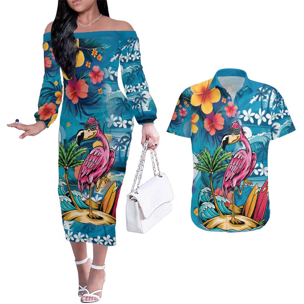 Hawaiian Flamingo Hibiscus Personalised Couples Matching Off The Shoulder Long Sleeve Dress and Hawaiian Shirt Blue Summer Tropical Flowers LT9 Blue - Polynesian Pride