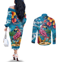 Hawaiian Flamingo Hibiscus Personalised Couples Matching Off The Shoulder Long Sleeve Dress and Long Sleeve Button Shirt Blue Summer Tropical Flowers LT9 - Polynesian Pride