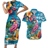 Hawaiian Flamingo Hibiscus Personalised Couples Matching Short Sleeve Bodycon Dress and Hawaiian Shirt Blue Summer Tropical Flowers LT9 Blue - Polynesian Pride