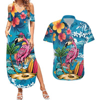 Hawaiian Flamingo Hibiscus Personalised Couples Matching Summer Maxi Dress and Hawaiian Shirt Blue Summer Tropical Flowers LT9 Blue - Polynesian Pride