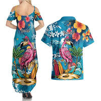 Hawaiian Flamingo Hibiscus Personalised Couples Matching Summer Maxi Dress and Hawaiian Shirt Blue Summer Tropical Flowers LT9 - Polynesian Pride