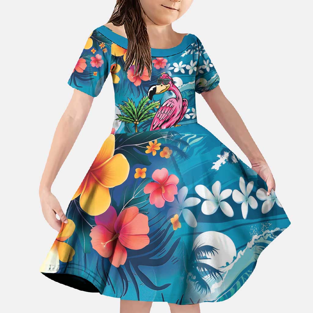 Hawaiian Flamingo Hibiscus Personalised Family Matching Long Sleeve Bodycon Dress and Hawaiian Shirt Blue Summer Tropical Flowers LT9 Daughter's Dress Blue - Polynesian Pride